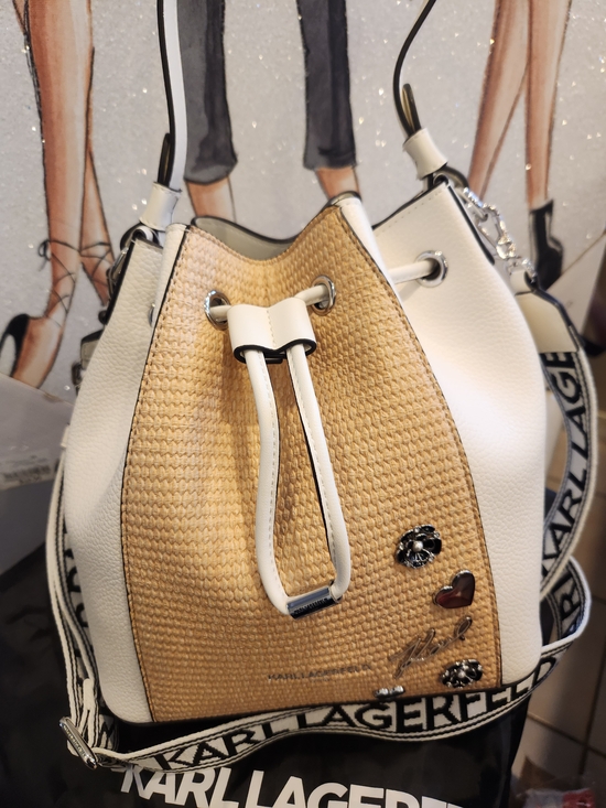 Karl Lagerfeld Handbags - Karl Lagerfeld White & Natural Woven Drawstring Bucket Bag W Charms NWT